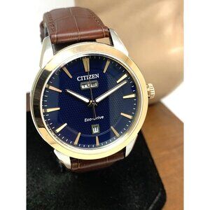 Citizen Men's Watch AW0096-06L Eco Drive Blue Dial Silver Rose Gold Leather Band